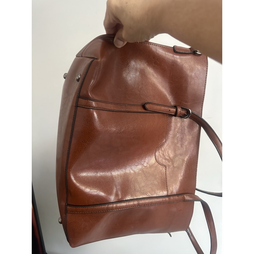 Large Brown Faux Leather Tote Bag Minimalist Shoulder Handbag Pre-Owne - Picture 6 of 16
